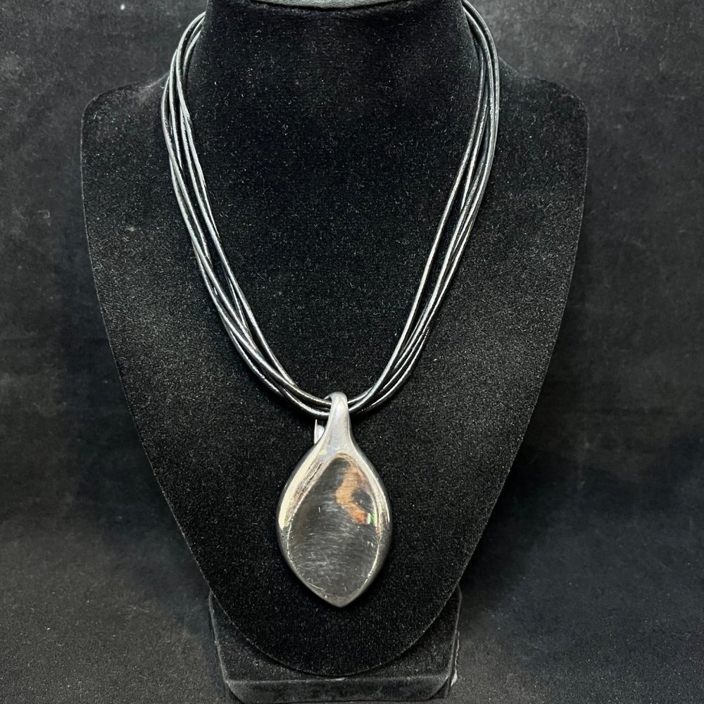 Vintage Chicos 5 Strand Corded Necklace W/Heavy Silver Tone Leaf Pendant (3693)
